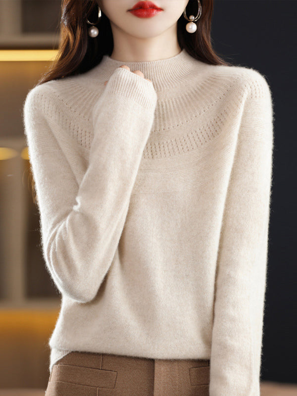 Office Raglan Sleeve Hollow Solid Color High-Neck Sweater Tops by migunica