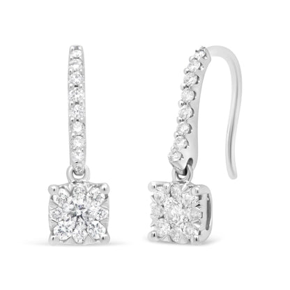 14K White 1/2 Cttw Round Diamond Halo Dangle Hook Earring - (H-I Color, SI2-I1 Clarity) by Infinite Jewels