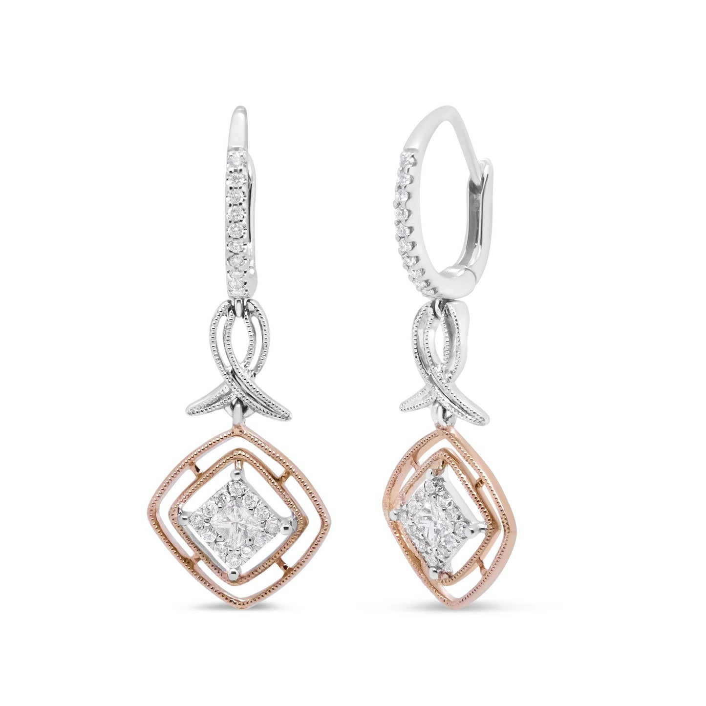 14K White and Rose Gold 1/2 Cttw Round and Princess-Cut Diamond Openwork Marquise Ribbon Dangle Earring (G-H Color, SI2-I1 Clarity) by Infinite Jewels