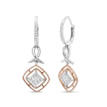 14K White and Rose Gold 1/2 Cttw Round and Princess-Cut Diamond Openwork Marquise Ribbon Dangle Earring (G-H Color, SI2-I1 Clarity) by Infinite Jewels