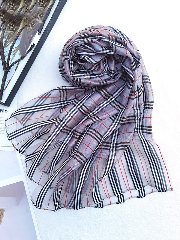 Mulberry Silk & Wool Blend Sun-Protection Plaid Shawl&Scarf by migunica