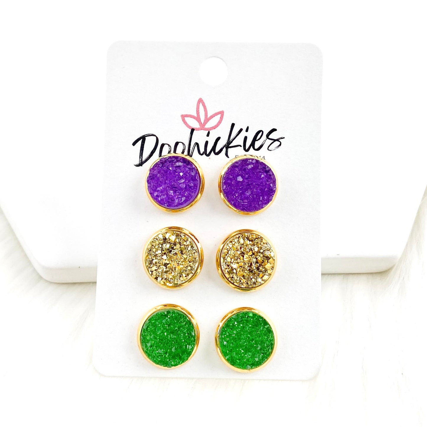 12mm Purple/Gold/Green Sparkles in Gold Settings -Mardi Gras Earrings by Doohickies Wholesale