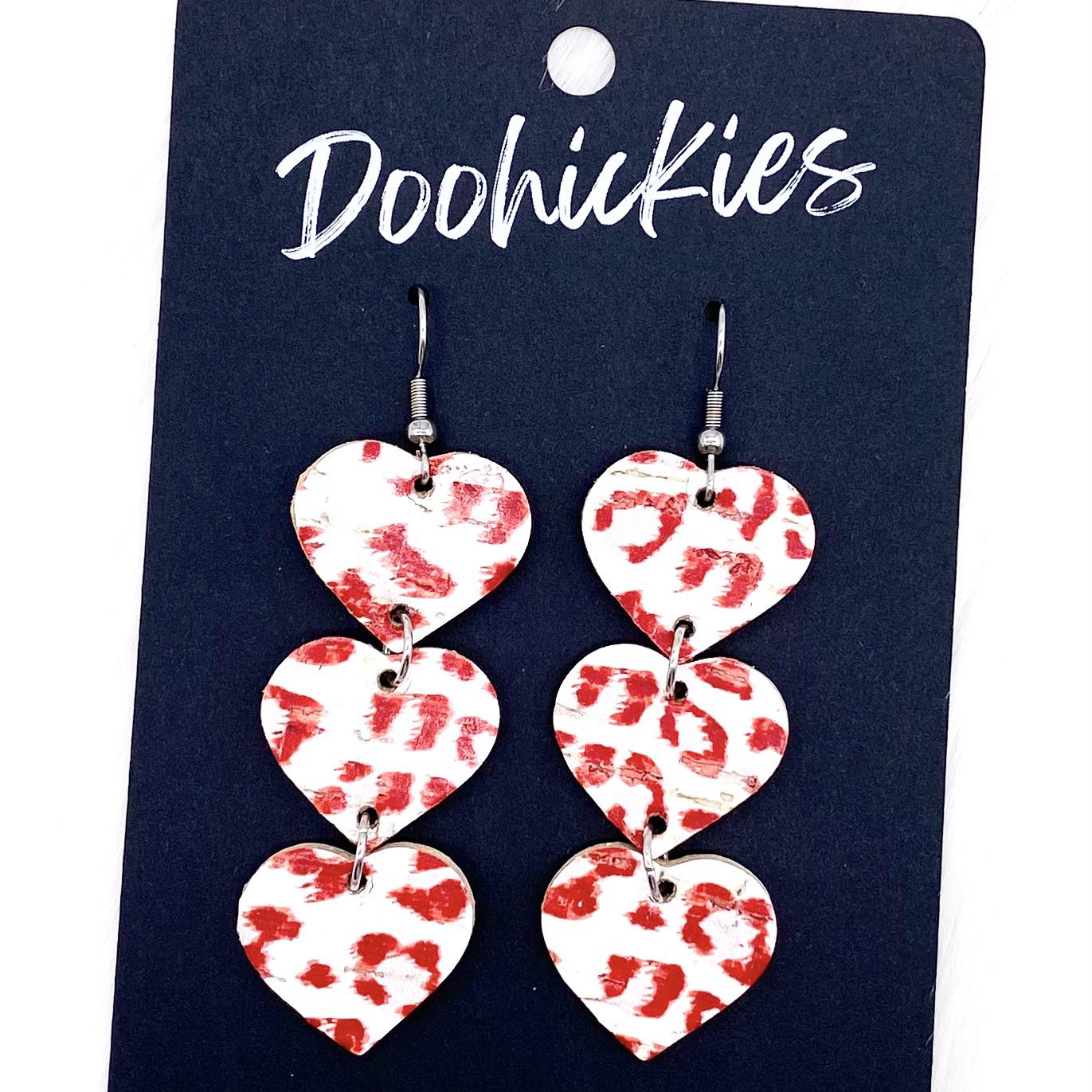 Triple Corkie Heart Drops -Valentine's Earrings by Doohickies Wholesale