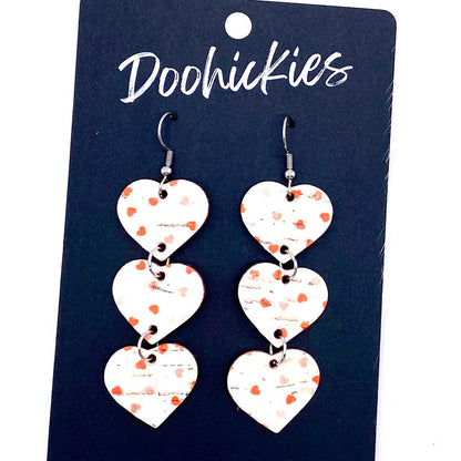 Triple Corkie Heart Drops -Valentine's Earrings by Doohickies Wholesale