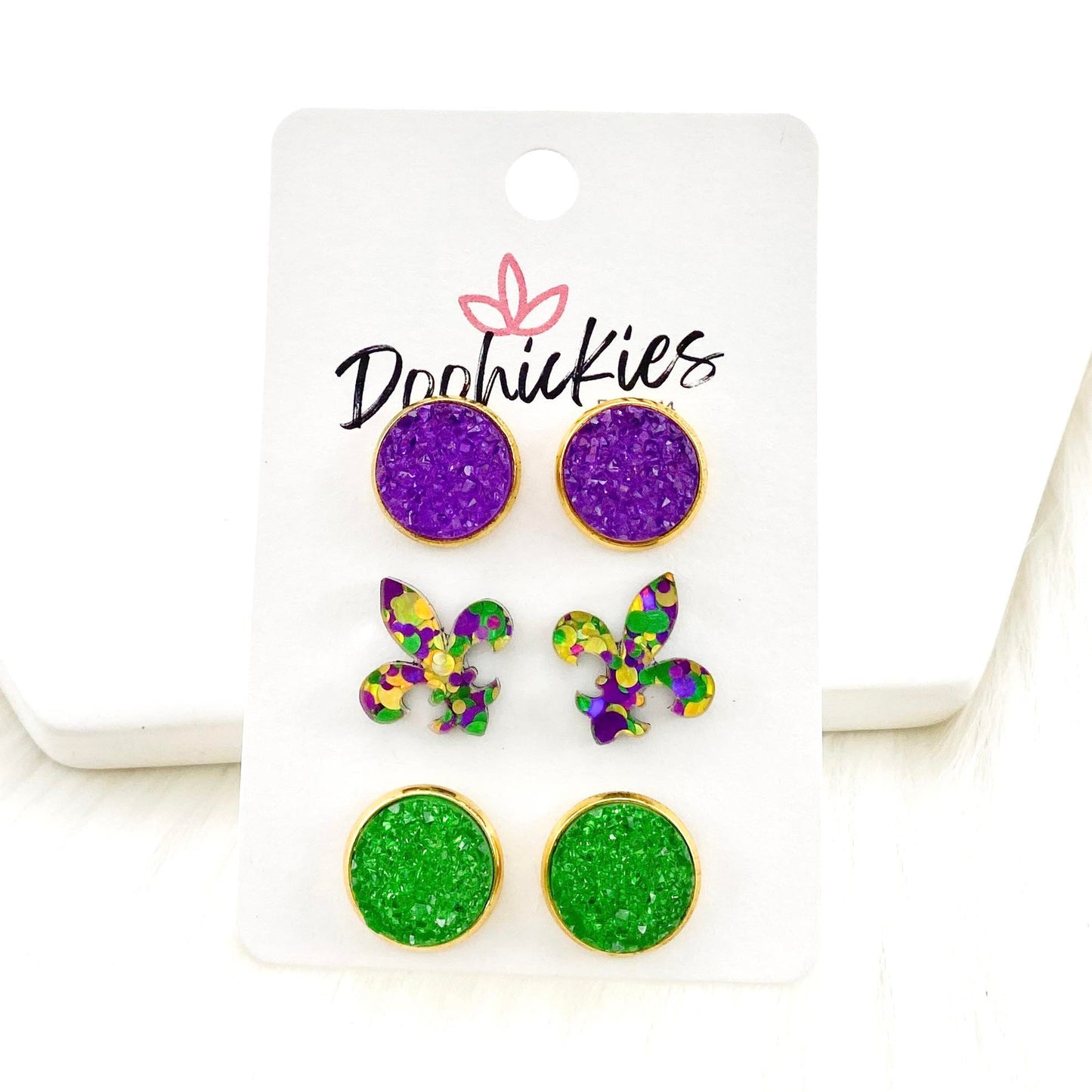 12mm Purple/Fleur de Lis/Green Sparkles in Gold Settings -Mardi Gras Earrings by Doohickies Wholesale