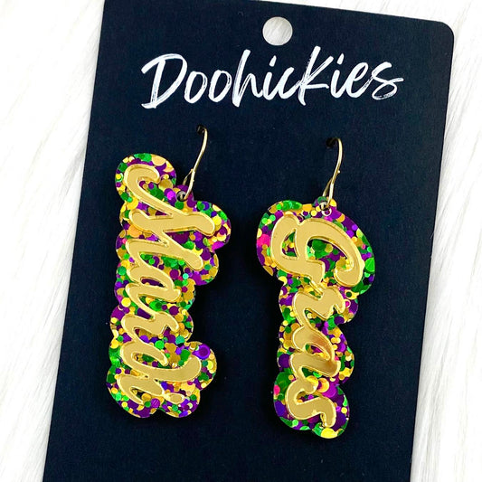 2.25" Layered Mardi Gras Acrylics -Earrings by Doohickies Wholesale