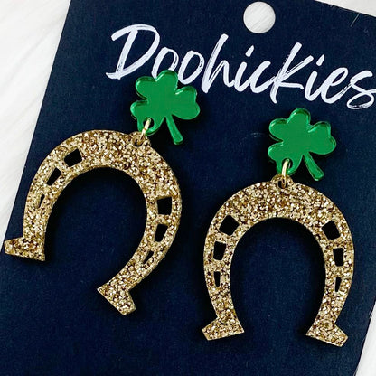 2" Lucky Horseshoe Dangles - St. Paddy Acrylic Earrings by Doohickies Wholesale