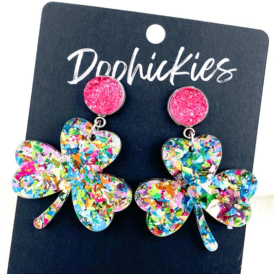 2" Hot Pink & Teal Party Glitter Shamrock Dangles -St. Paddy Acrylic Earrings by Doohickies Wholesale