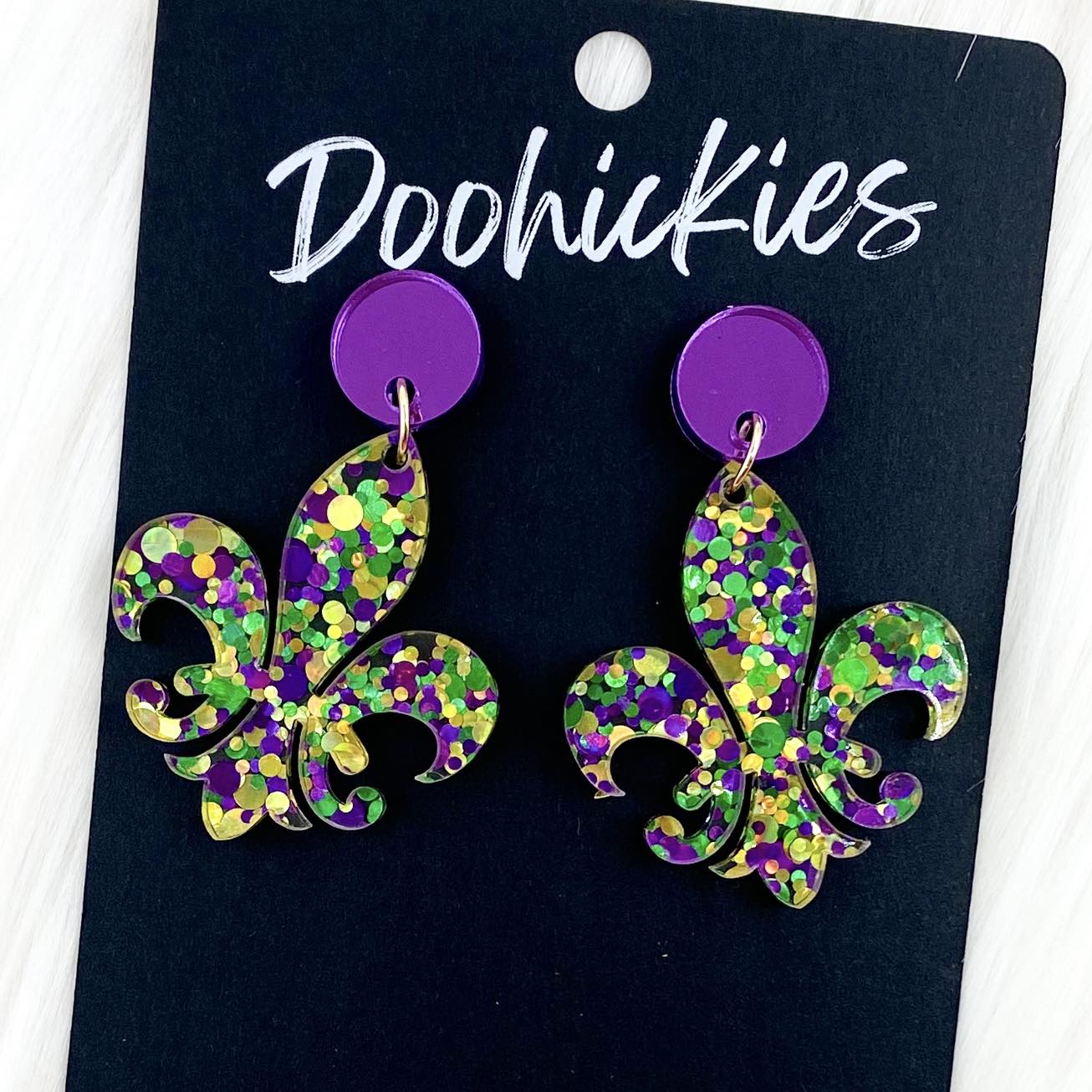 2" Purple Mirror & Fleur de Lis Acrylic Dangles -Mardi Gras Earrings by Doohickies Wholesale