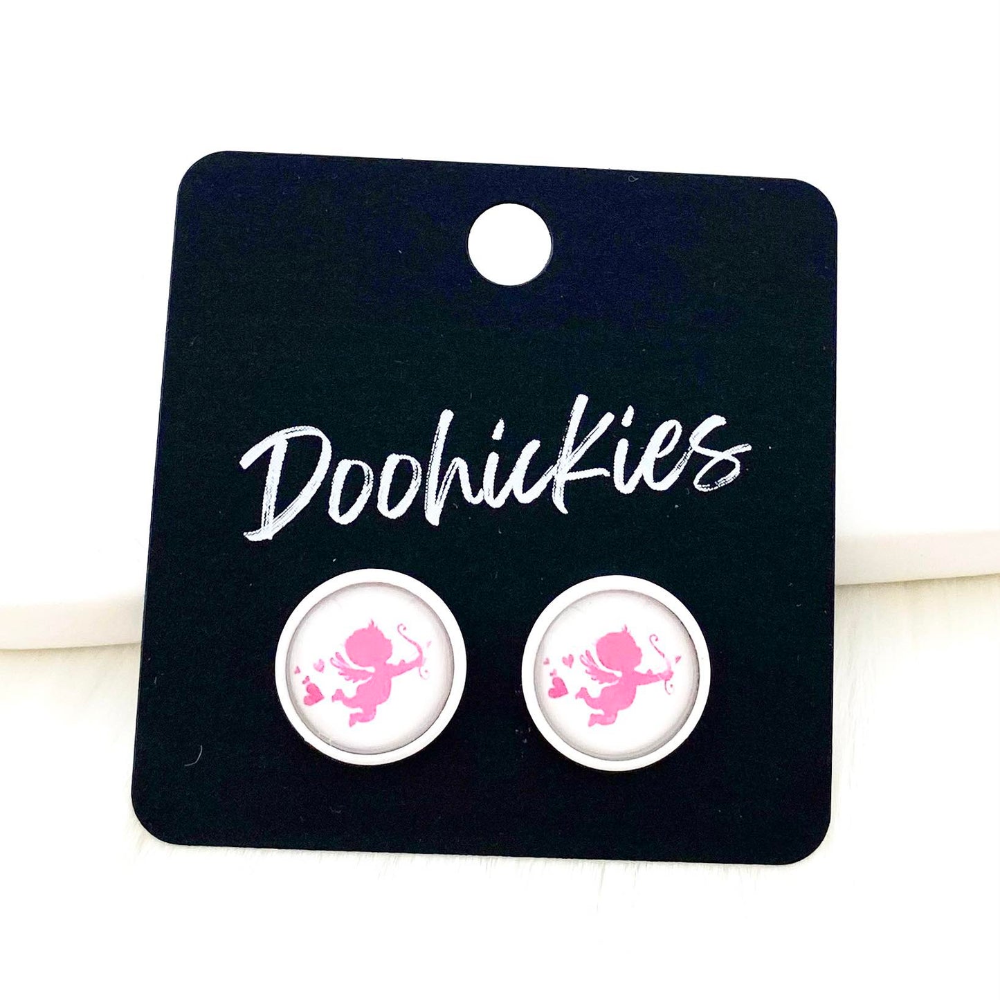 12mm Pink Cupid in White Settings -Earrings by Doohickies Wholesale