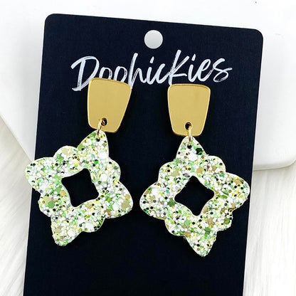 2.25" Gold Long Trap. & Shamrock Glitter Lacies -St. Paddy Earrings by Doohickies Wholesale