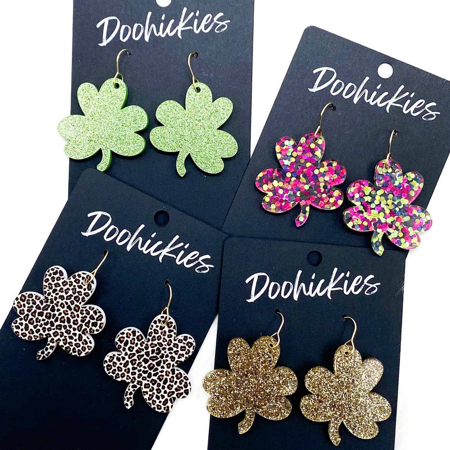 1.5" Hand Drawn Shamrocks -St. Paddy's Acrylic Earrings by Doohickies Wholesale