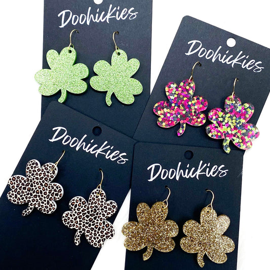 1.5" Hand Drawn Shamrocks -St. Paddy's Acrylic Earrings by Doohickies Wholesale