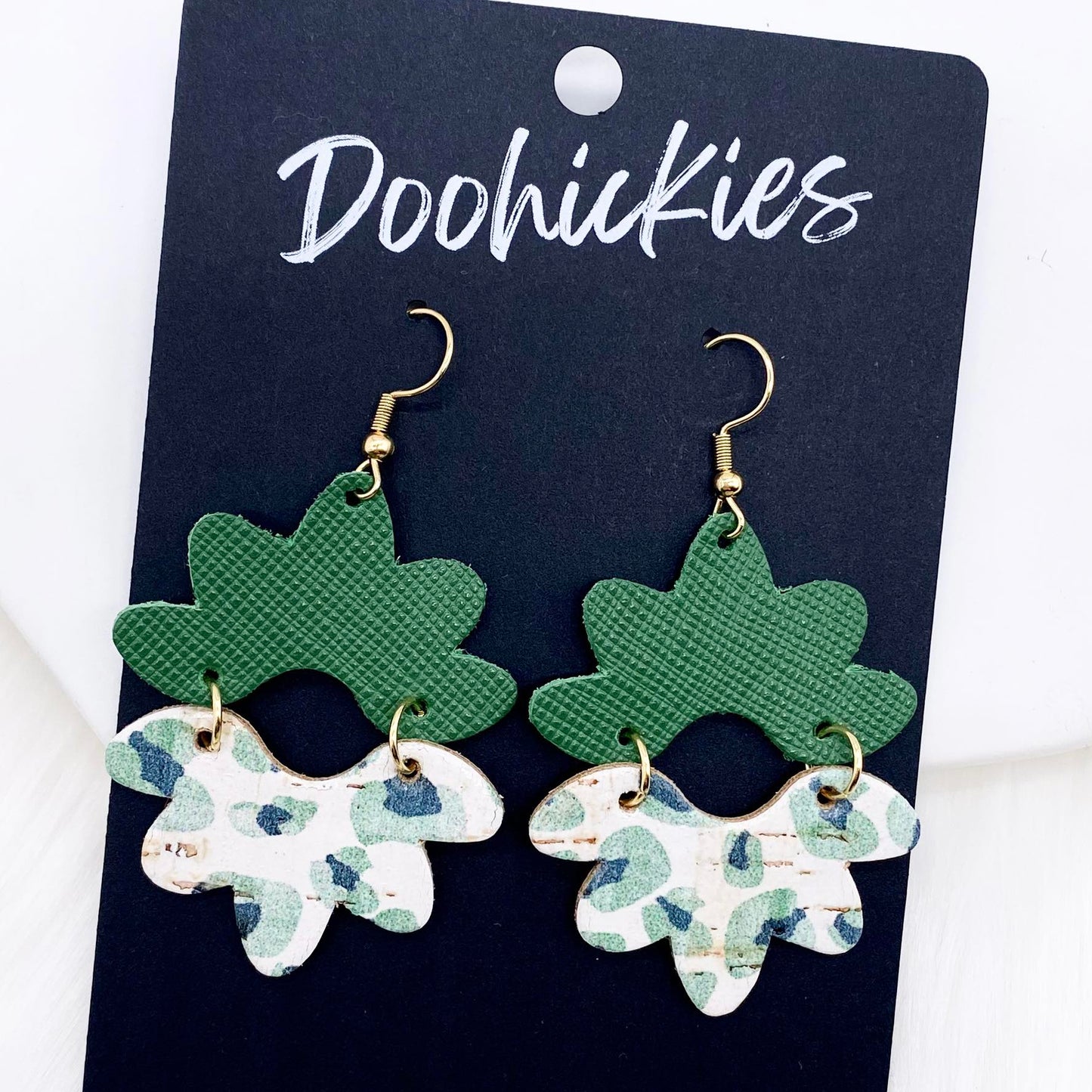 2.5" Green Saffiano & Pastel Green Leopard Blossoms- St. Paddy Earrings by Doohickies Wholesale