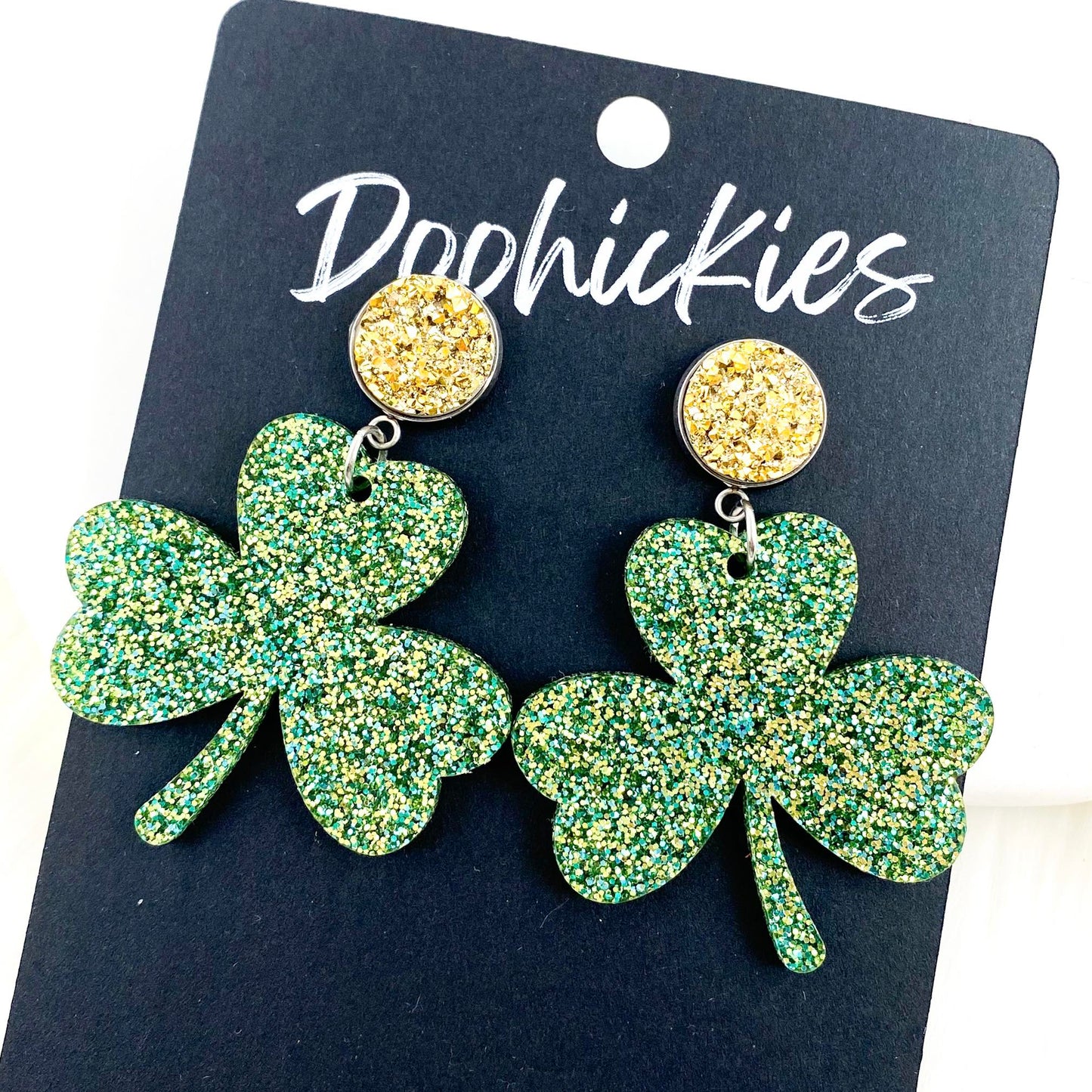 2" Gold & St. Paddy Glitter Shamrock Dangles -St. Paddy Acrylic Earrings by Doohickies Wholesale