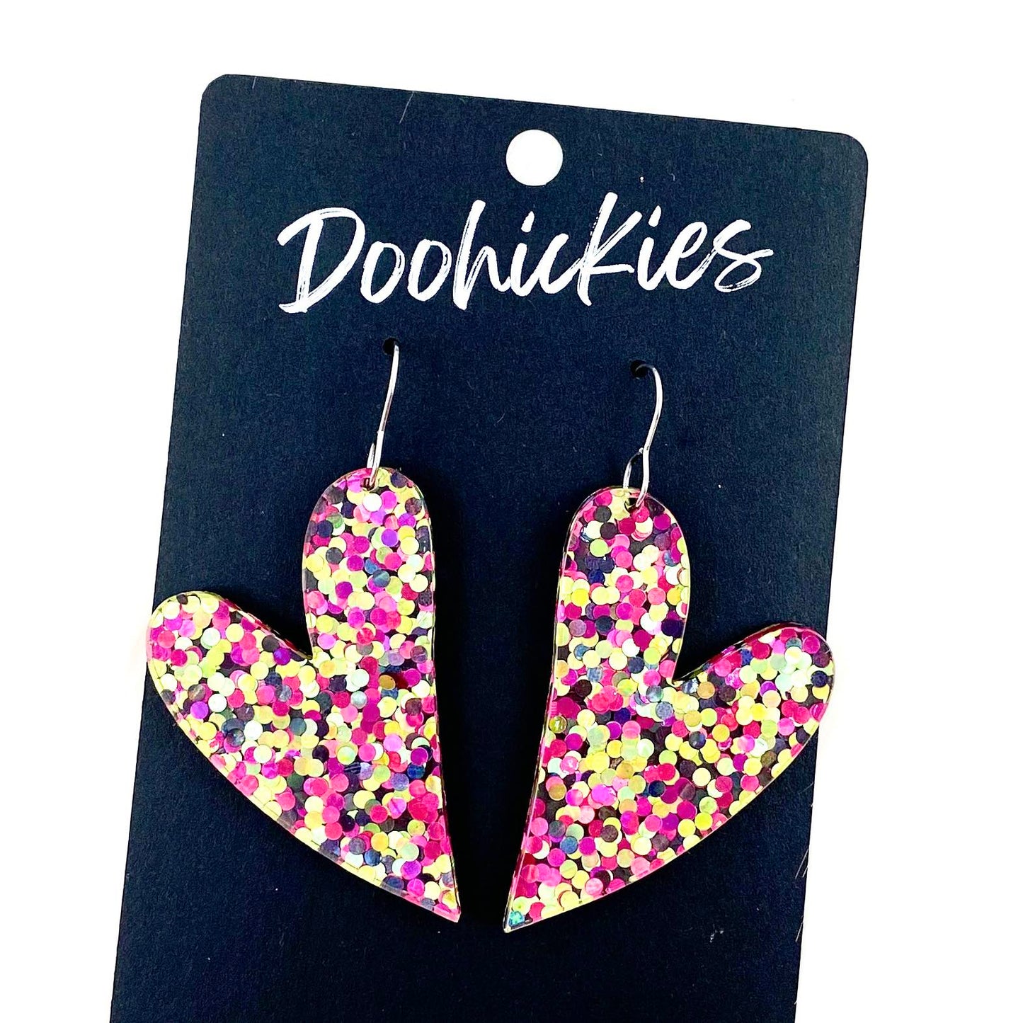 2.25" Pink & Gold Confetti Leaning Hearts -Valentine Acrylic Earrings by Doohickies Wholesale