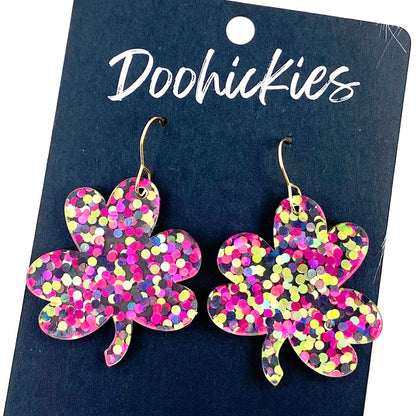 1.5" Hand Drawn Shamrocks -St. Paddy's Acrylic Earrings by Doohickies Wholesale