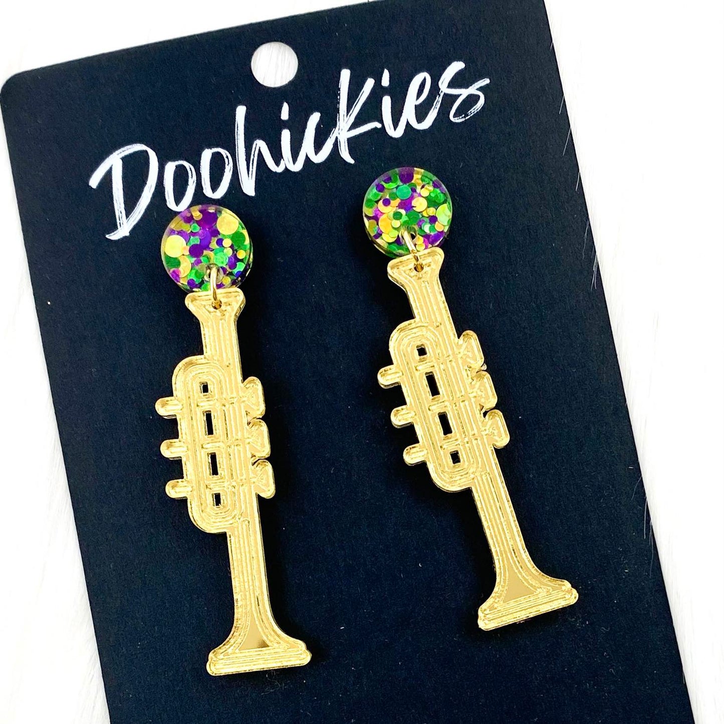 2.5" Trumpet Dangles -Mardi Gras Earrings by Doohickies Wholesale