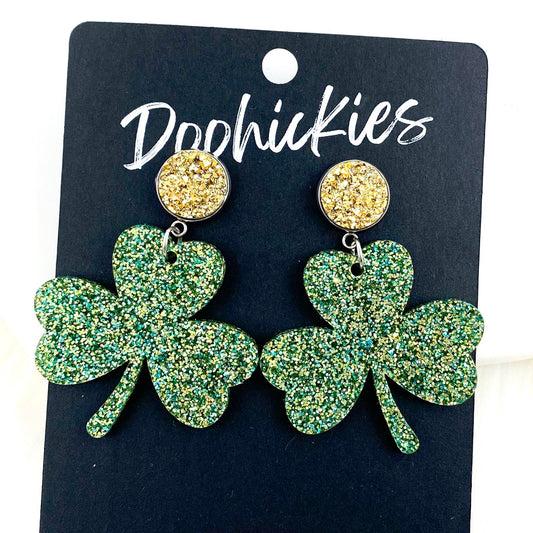 2" Gold & St. Paddy Glitter Shamrock Dangles -St. Paddy Acrylic Earrings by Doohickies Wholesale