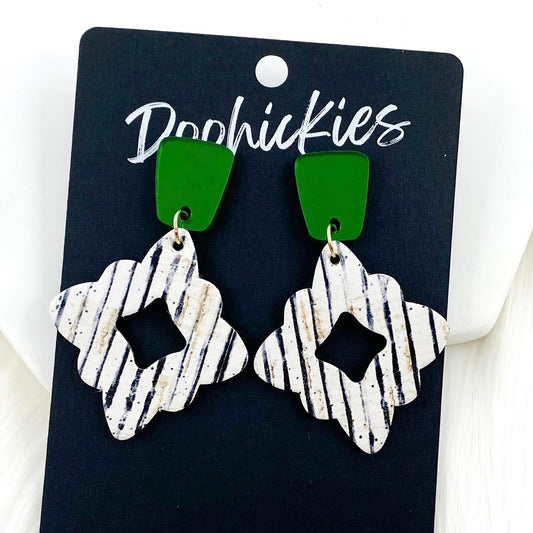 2.25" Green Long Trap. & Vintage Striped Cork Lacies -St. Paddy Earrings by Doohickies Wholesale