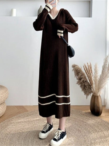 Urban Long Sleeves Loose Striped V-Neck Hooded Sweater Dresses by migunica