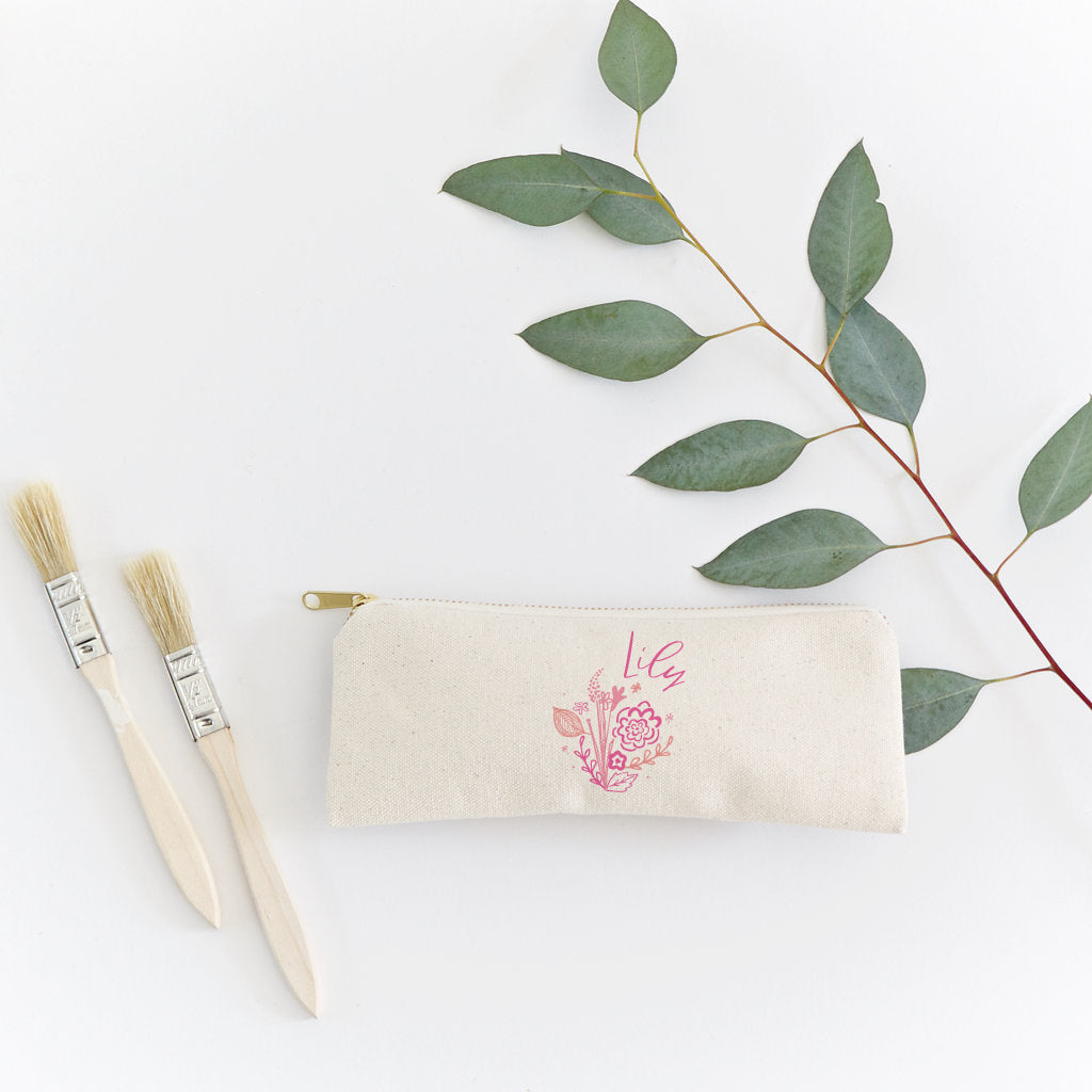 Personalized Name Pink Floral Cotton Canvas Pencil Case and Travel Pouch by The Cotton & Canvas Co.