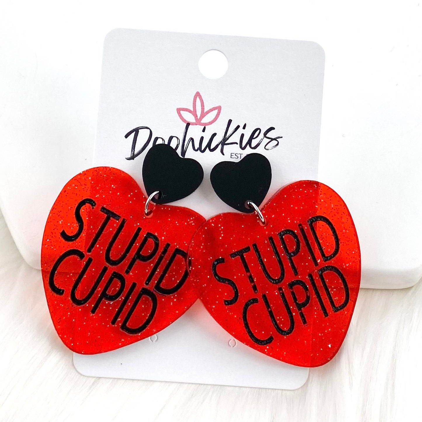 2" Stupid Cupid Heart Dangles -Valentine's Acrylic Earrings by Doohickies Wholesale