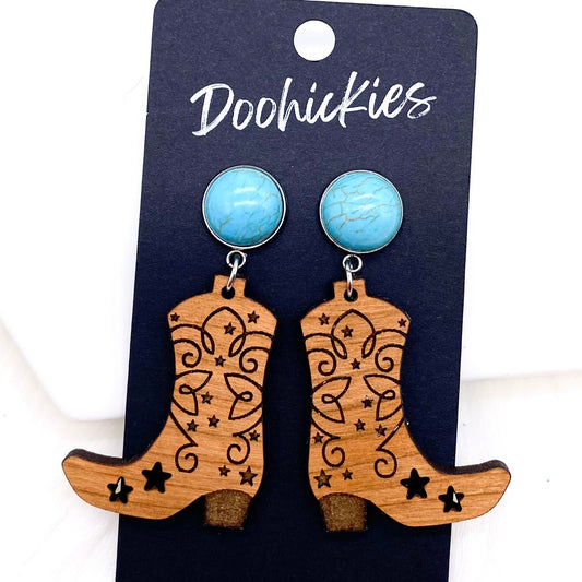 2" Turquoise & Cherry Wood Cowgirl Boots -Western Earrings by Doohickies Wholesale