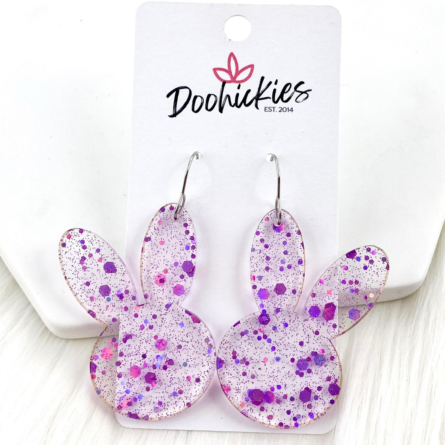 2.5" Purple Splatter Confetti Bunny Heads -Easter Earrings by Doohickies Wholesale