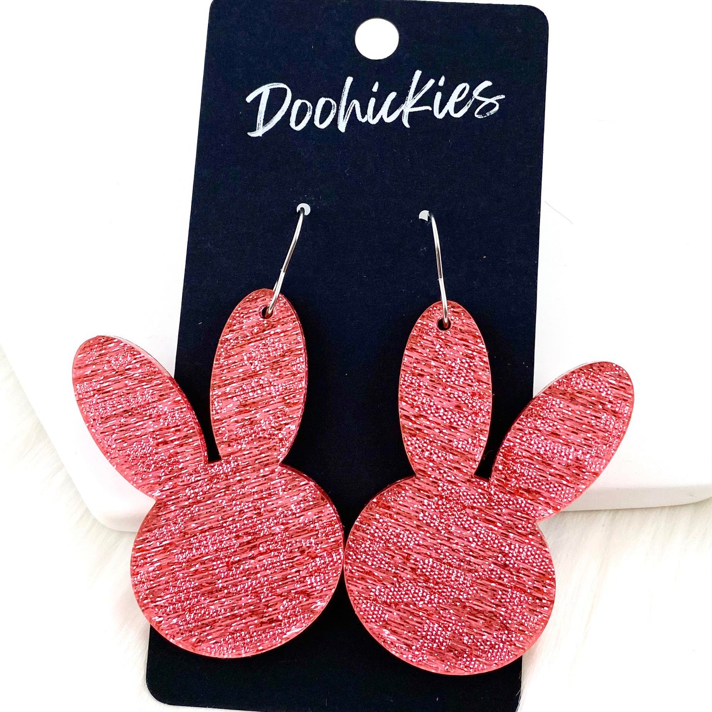 2.5" Pink Saffiano Bunny Heads -Easter Earrings by Doohickies Wholesale