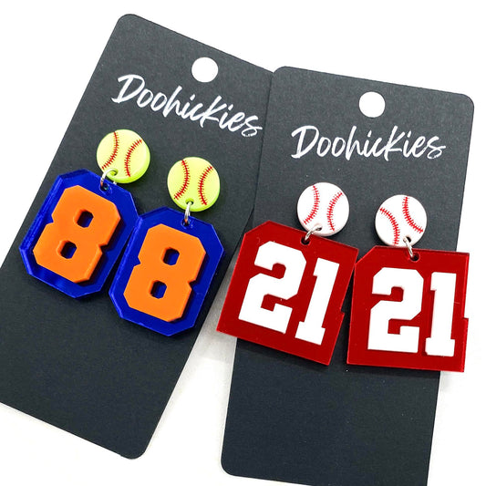 2" Layered Varsity Number Baseball & Softball Dangles - Sports Earrings by Doohickies Wholesale