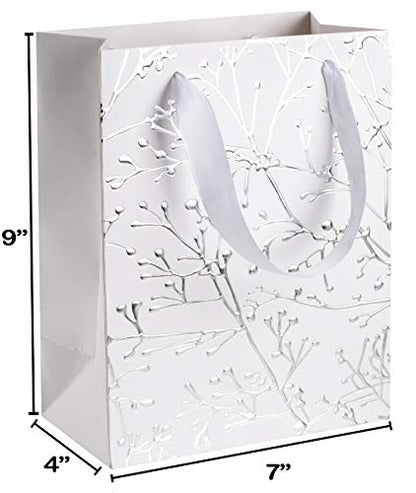 White Floral Stems Design Foil Stamped Gift Bags 24 Pack 9"x 7"x 4" by Hammont