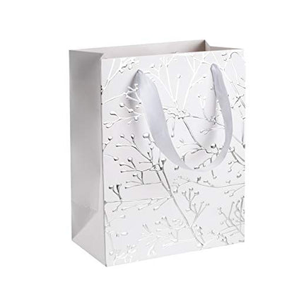 White Floral Stems Design Foil Stamped Gift Bags 24 Pack 9"x 7"x 4" by Hammont