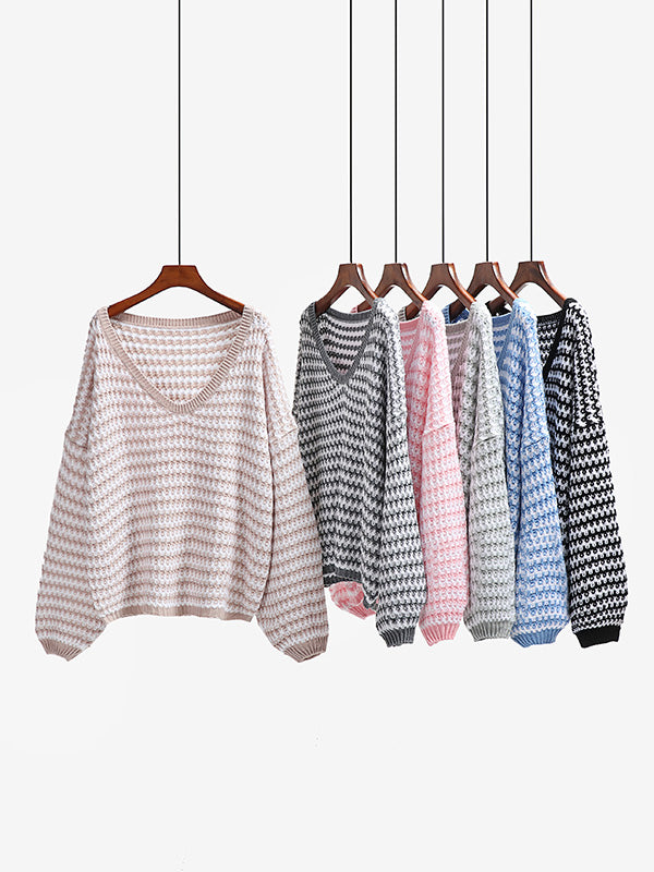 Original Loose Striped 8 Colors V-Neck Long Sleeves Sweater Top by migunica