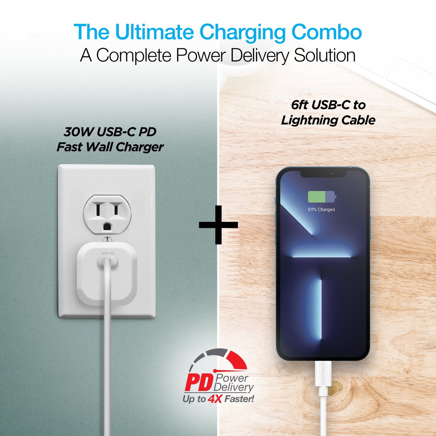 Naztech 30W PD Smart Chip Tech Wall Charger + USB-C to MFI Cable 6ft (15544-HYP) by Jupiter Gear Home