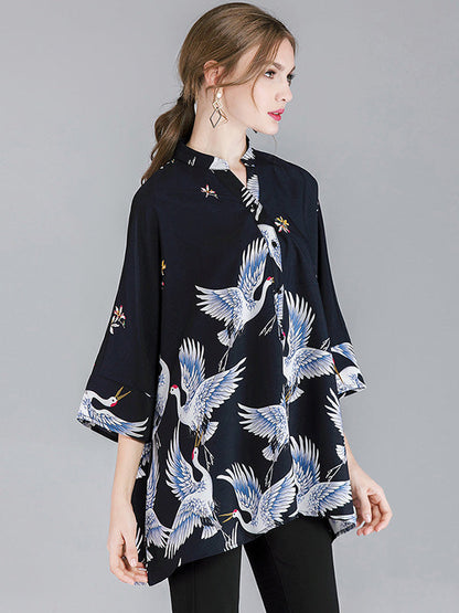 Original Crane Printed Buttoned Stand Collar Half Sleeves Blouse by migunica