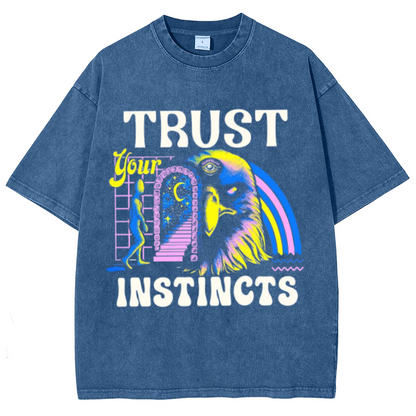 Trust Instincts Unisex Oversized Print Vintage Wash Denim T-Shirt by migunica