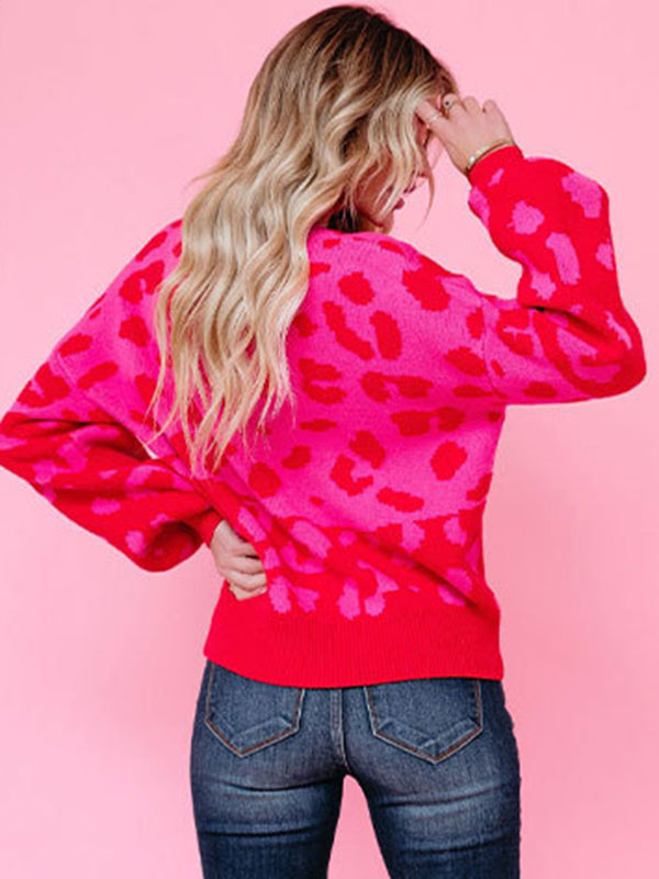 Urban Puff Sleeves Leopard Two-Tone Round-Neck Sweater Tops by migunica