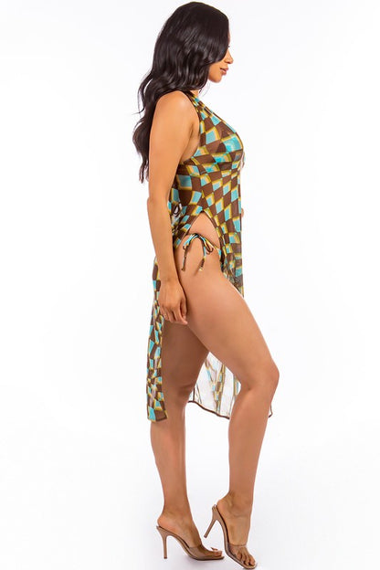 THREE PIECE BIKINI CHECKER PRINT AND COVER UP