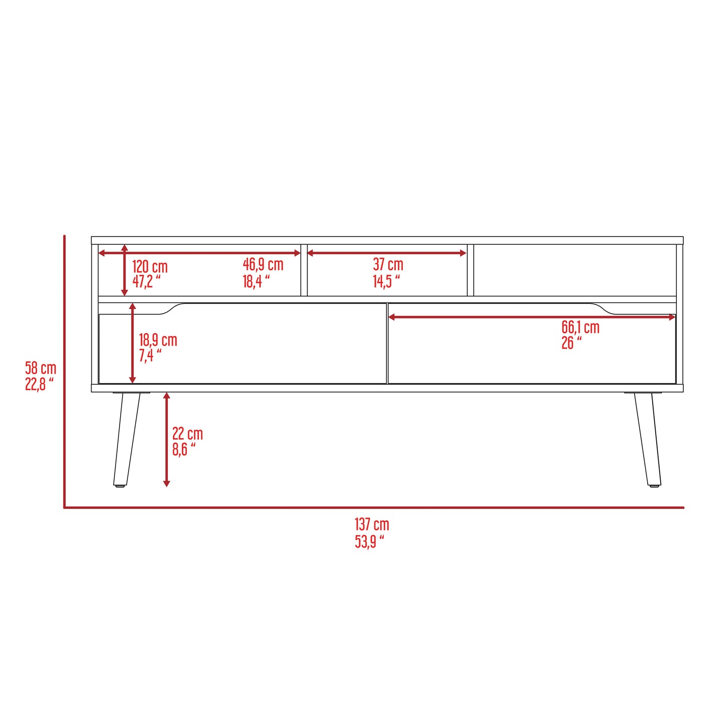 Tv Stand for TV´s up 52" Bull, Three Open Shelves, Two Flexible Drawers, Dark Walnut Finish