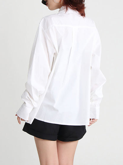 Original Loose Puff Sleeves Buttoned Hollow Solid Color Lapel Collar Blouses&Shirts Tops by migunica