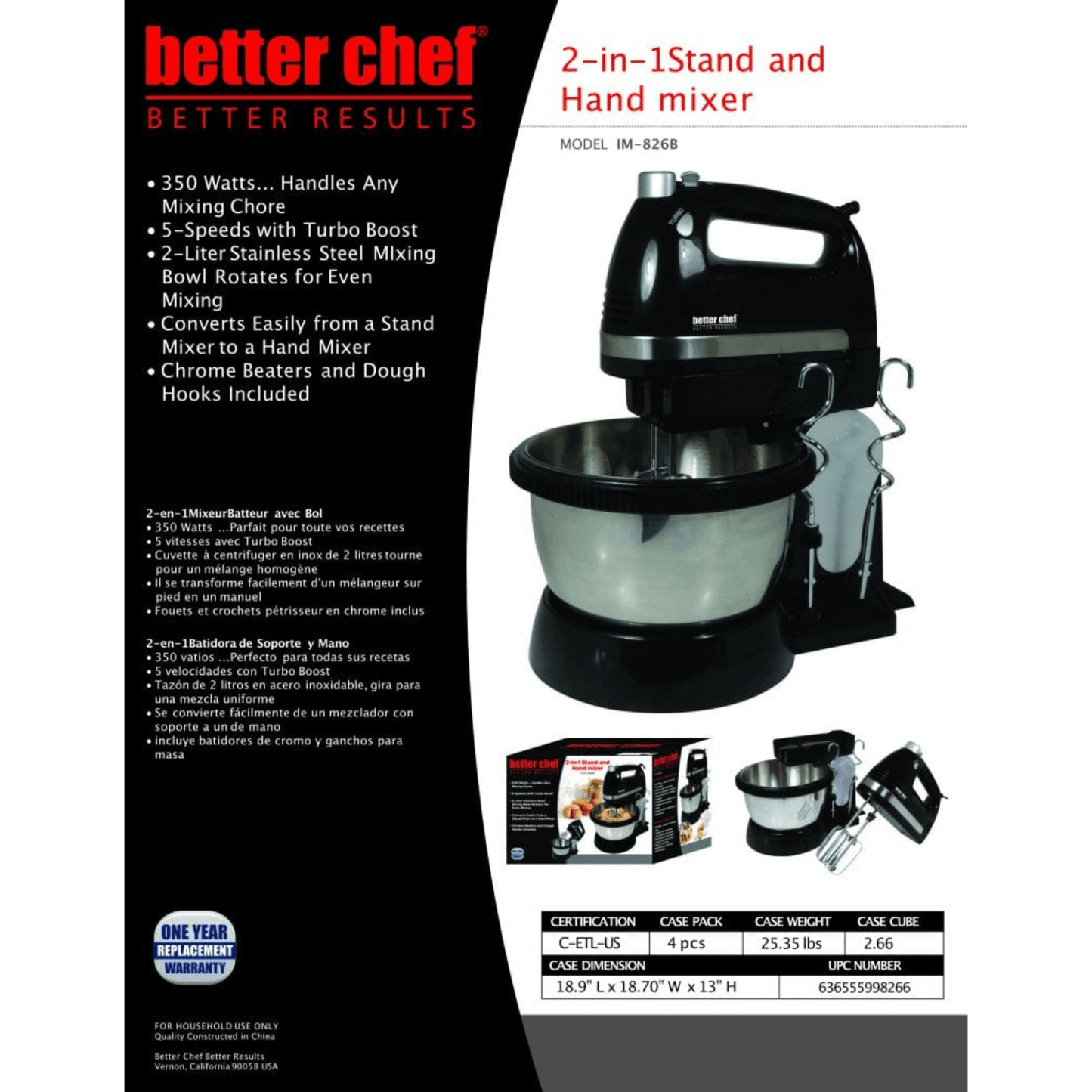 Better Chef 350W 5-Speed-plus-Boost Hand and Stand Mixer w Bowl by Jupiter Gear Home