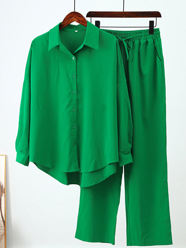 Solid Color High-Low Long Sleeves Lapel Blouses + Drawstring Pants Two Pieces Set by migunica