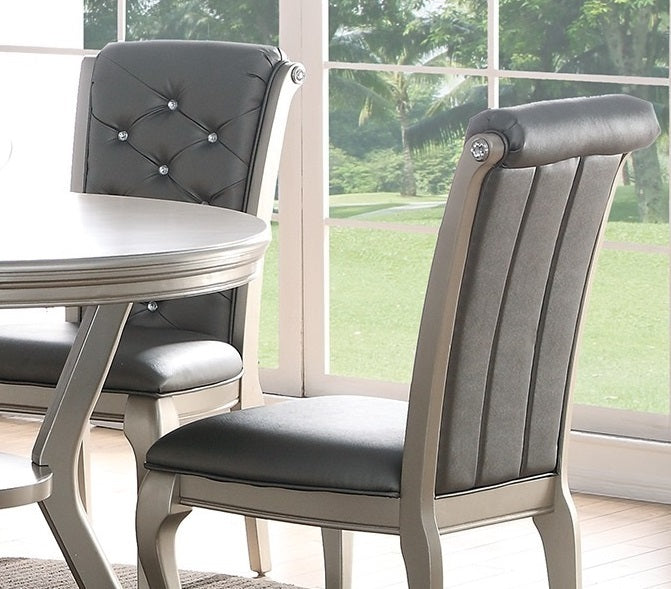 Luxury Antique Silver Wooden Set of 2 Dining Side Chairs Grey Faux Leather / PU Tufted Upholstered Cushion Chairs