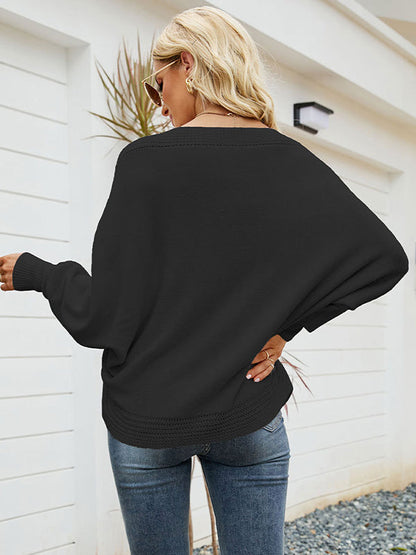 Loose Batwing Sleeves Twist Solid Color V-Neck Sweater Tops by migunica