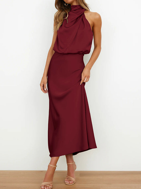 Sleeveless Solid Color Halter-Neck Midi Dresses by migunica