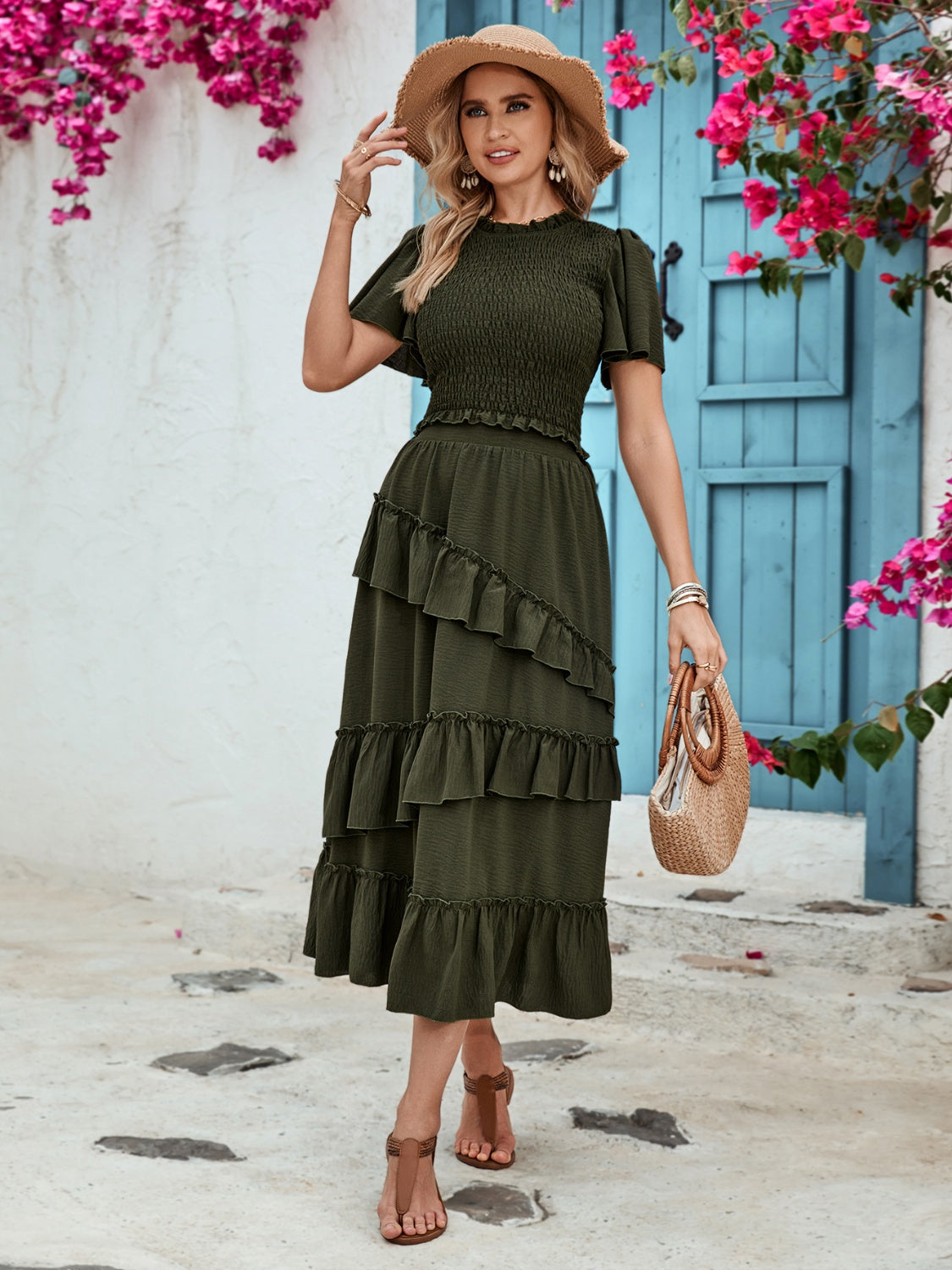 Ruffled Elastic Waist Midi Skirt by BlakWardrob