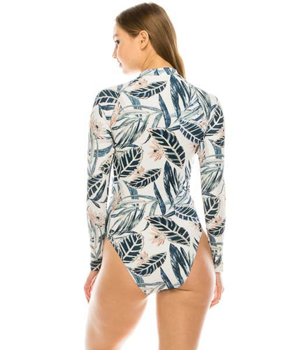 ONE PIECE LONG SLEEVE LEAF PRINT SWIMSUIT