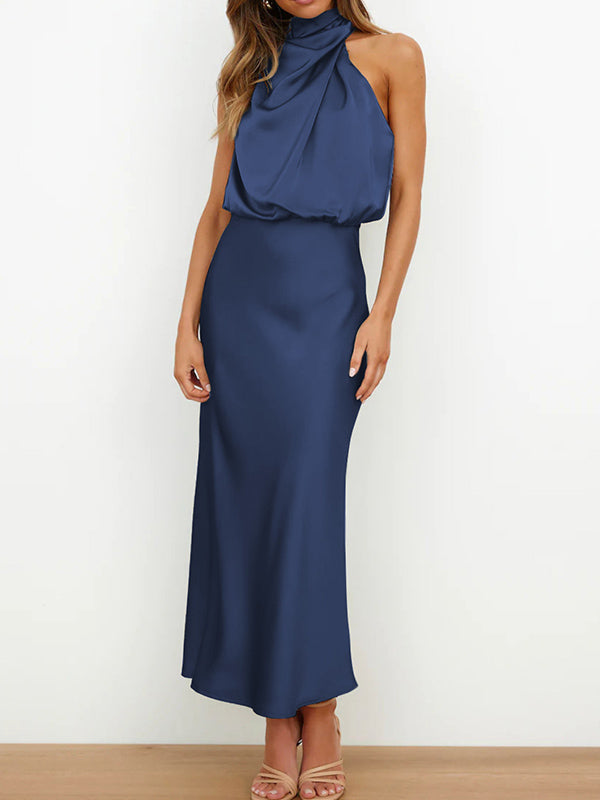 Sleeveless Solid Color Halter-Neck Midi Dresses by migunica