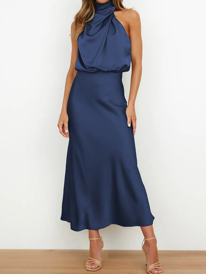 Sleeveless Solid Color Halter-Neck Midi Dresses by migunica